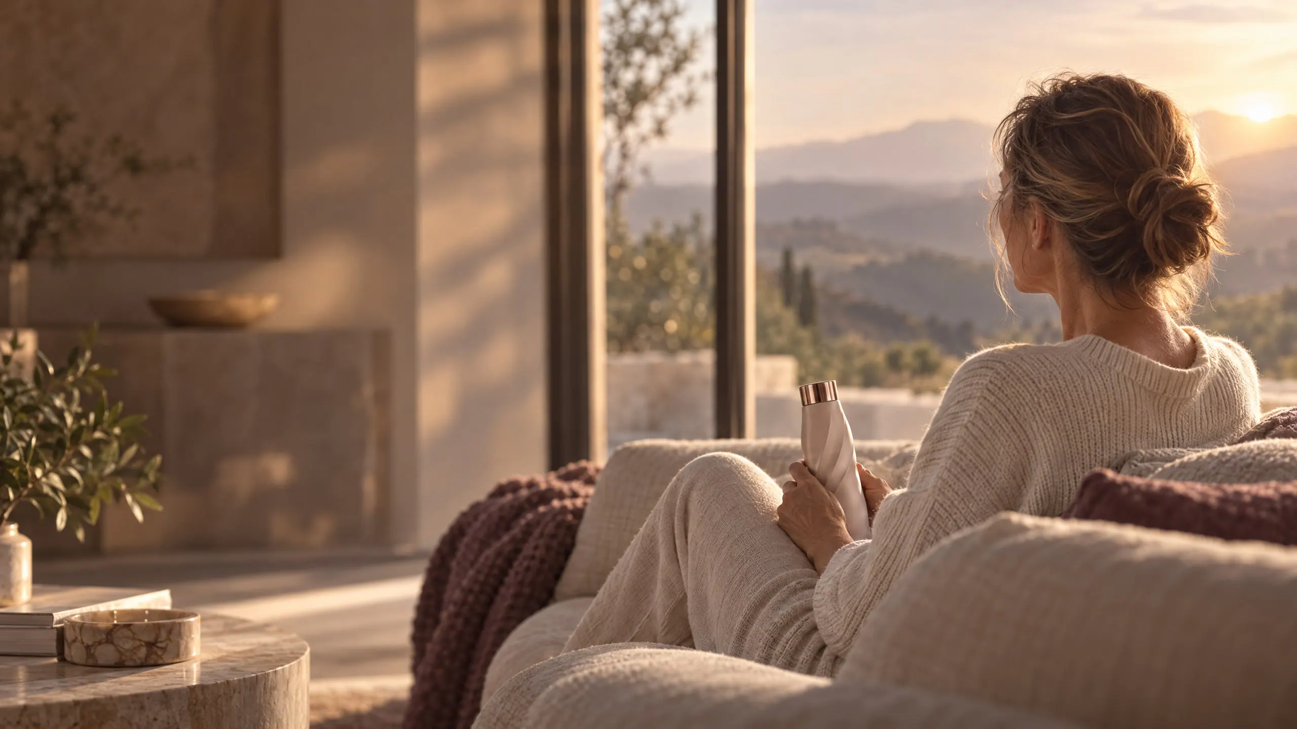 A woman seen from behind on a sofa, a KX2 bottle in her lap, looking out at hills in golden evening light.