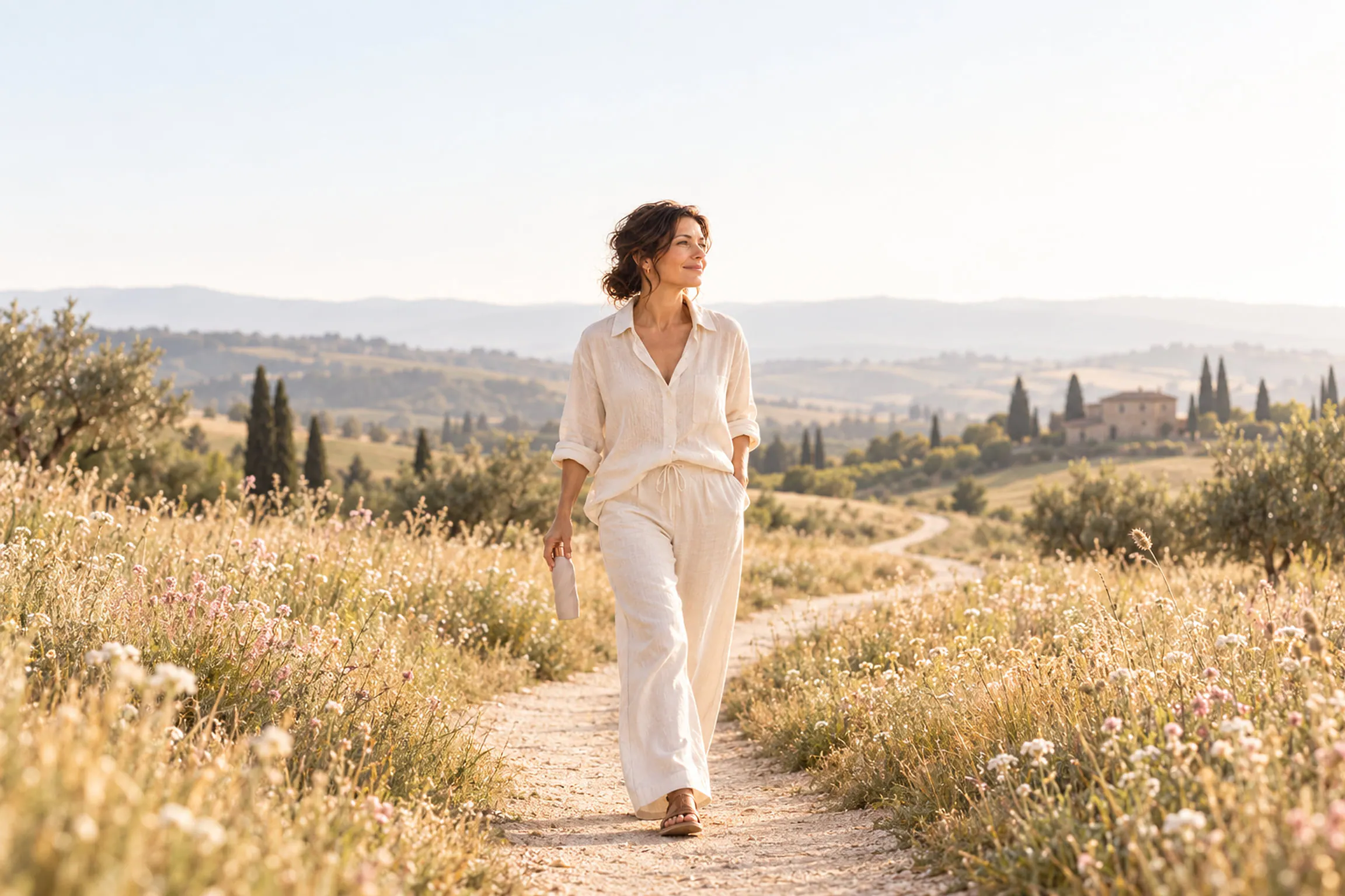 A woman walks along a sunlit path through a meadow of pale grasses and wildflowers, a KX2 bottle in her hand, the countryside opening out behind her.