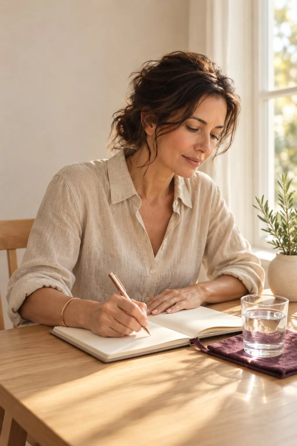 A woman writes in a notebook at a sunlit table, a glass of water beside her.
