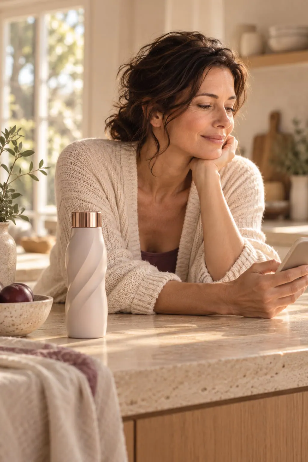 A woman leans on a kitchen counter, smiling at her phone, a KX2 bottle beside her.