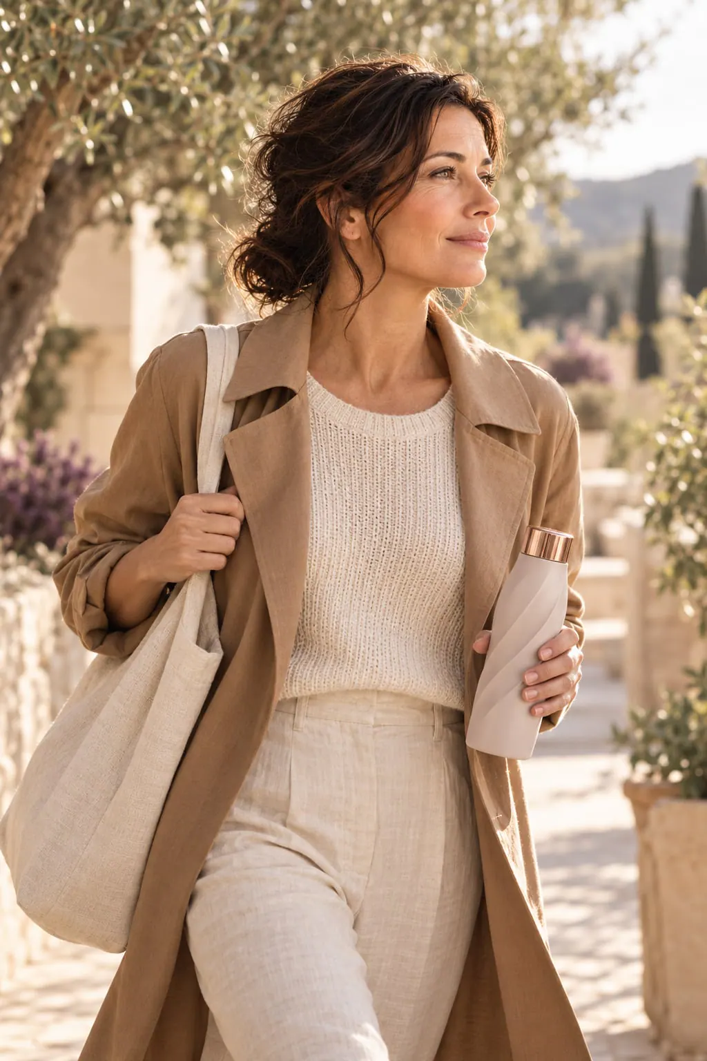A woman walks through a sunny courtyard with a tote bag and a KX2 bottle.