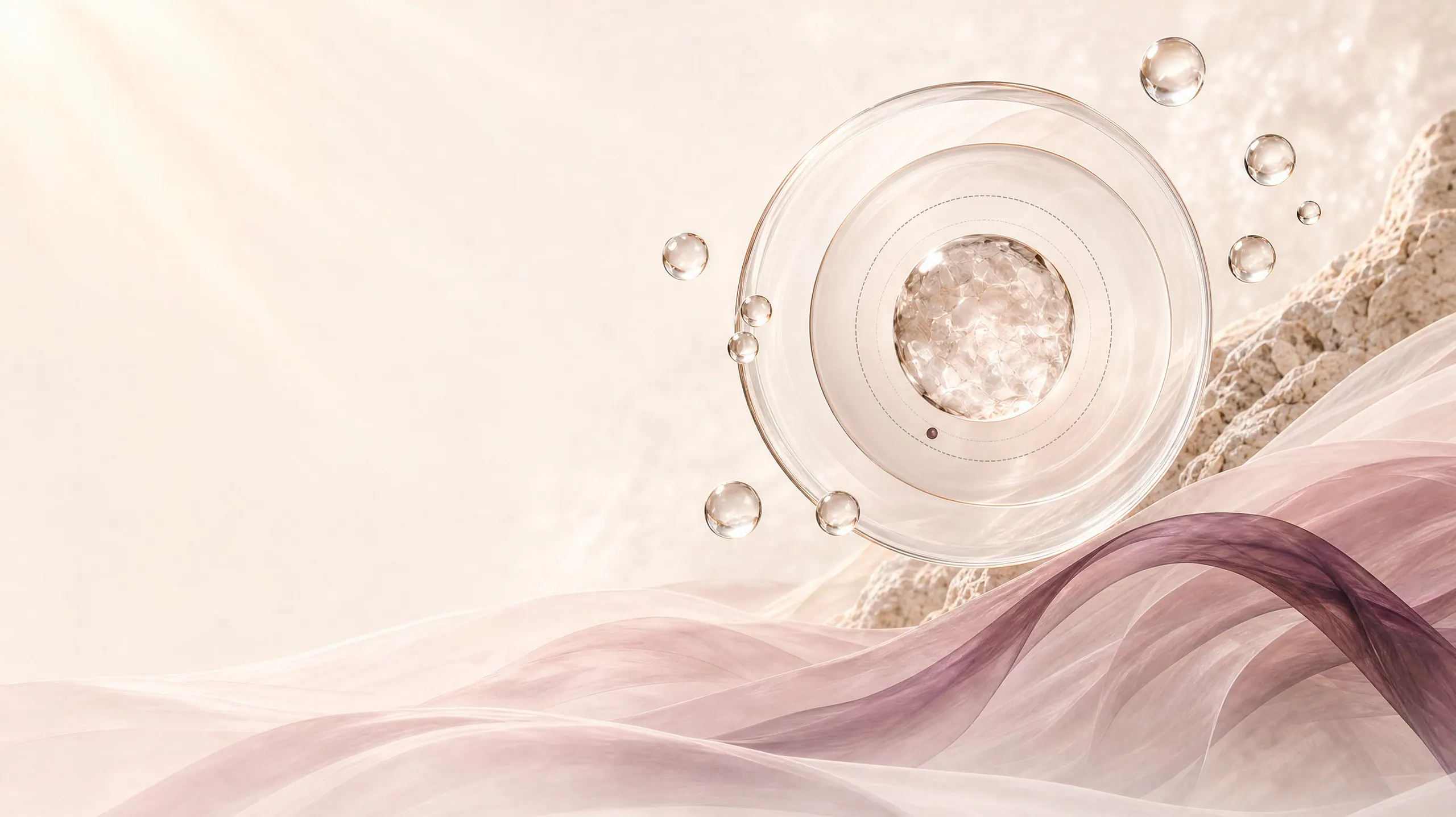 A clear glass sphere around a rose-quartz core, with water droplets, pale travertine stone and blush silk.