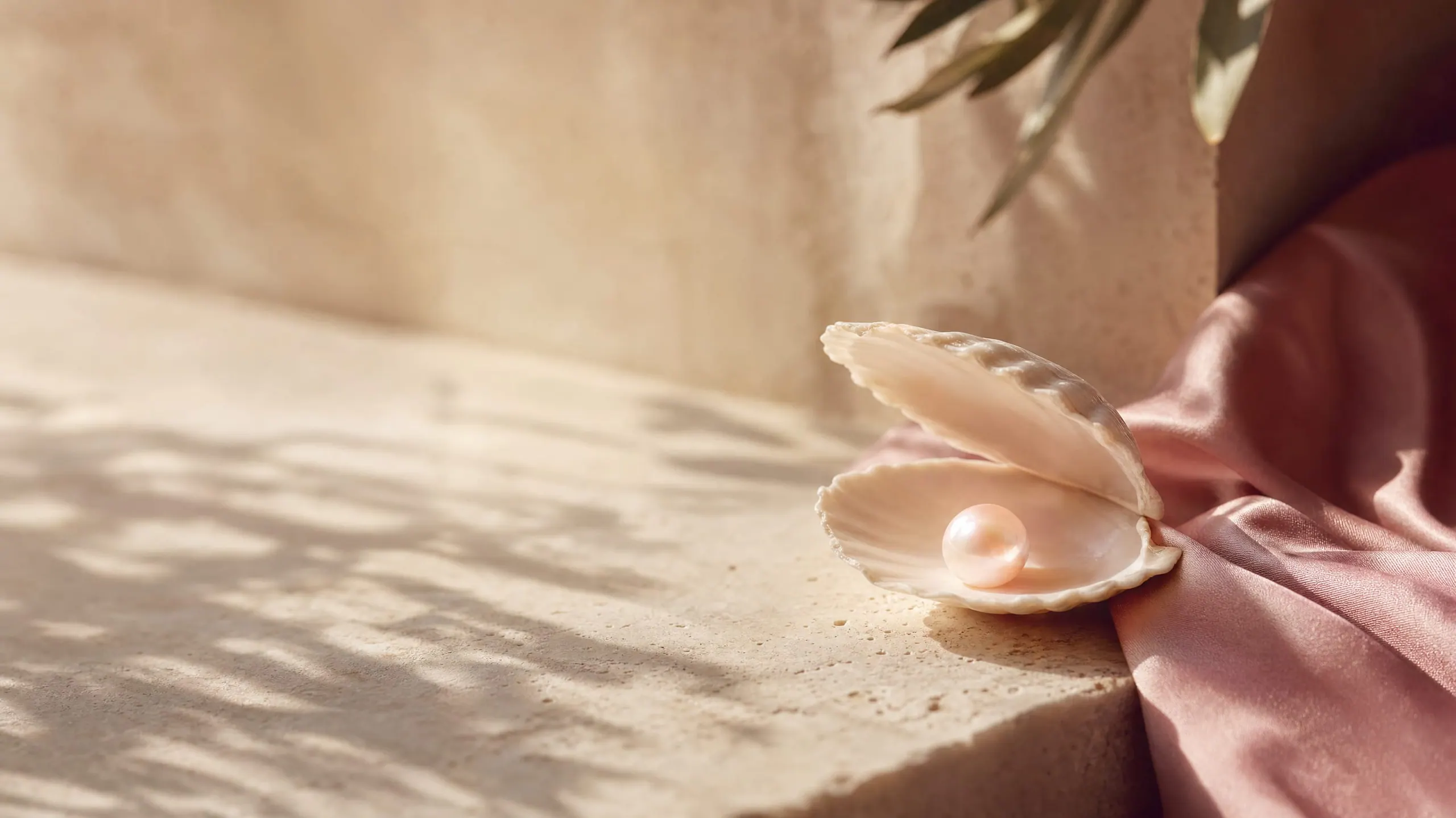 An open seashell on warm travertine holding a softly glowing pearl, beside blush silk in morning light.