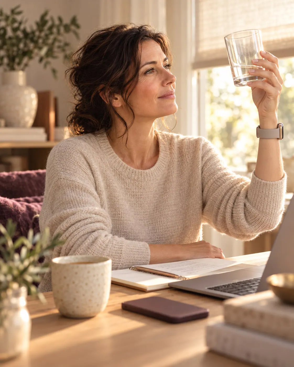 Late afternoon: at her desk, fitness watch on her wrist, she holds up a nearly empty glass of water and studies it, unsure.