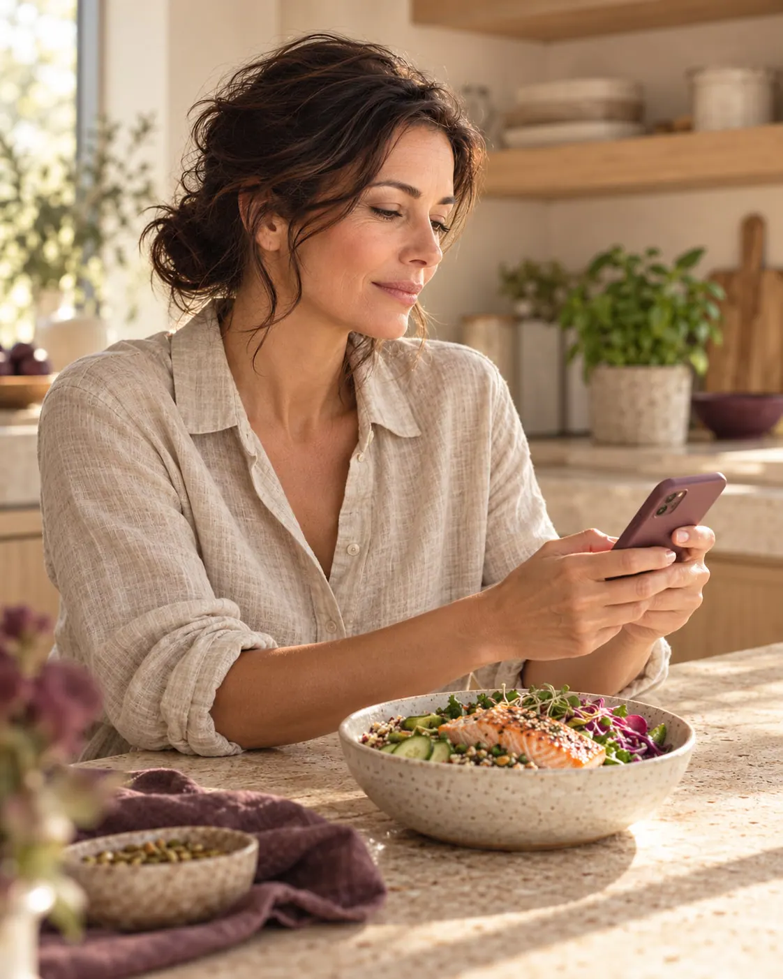 Midday: at a stone kitchen island, she logs her lunch bowl on her phone.