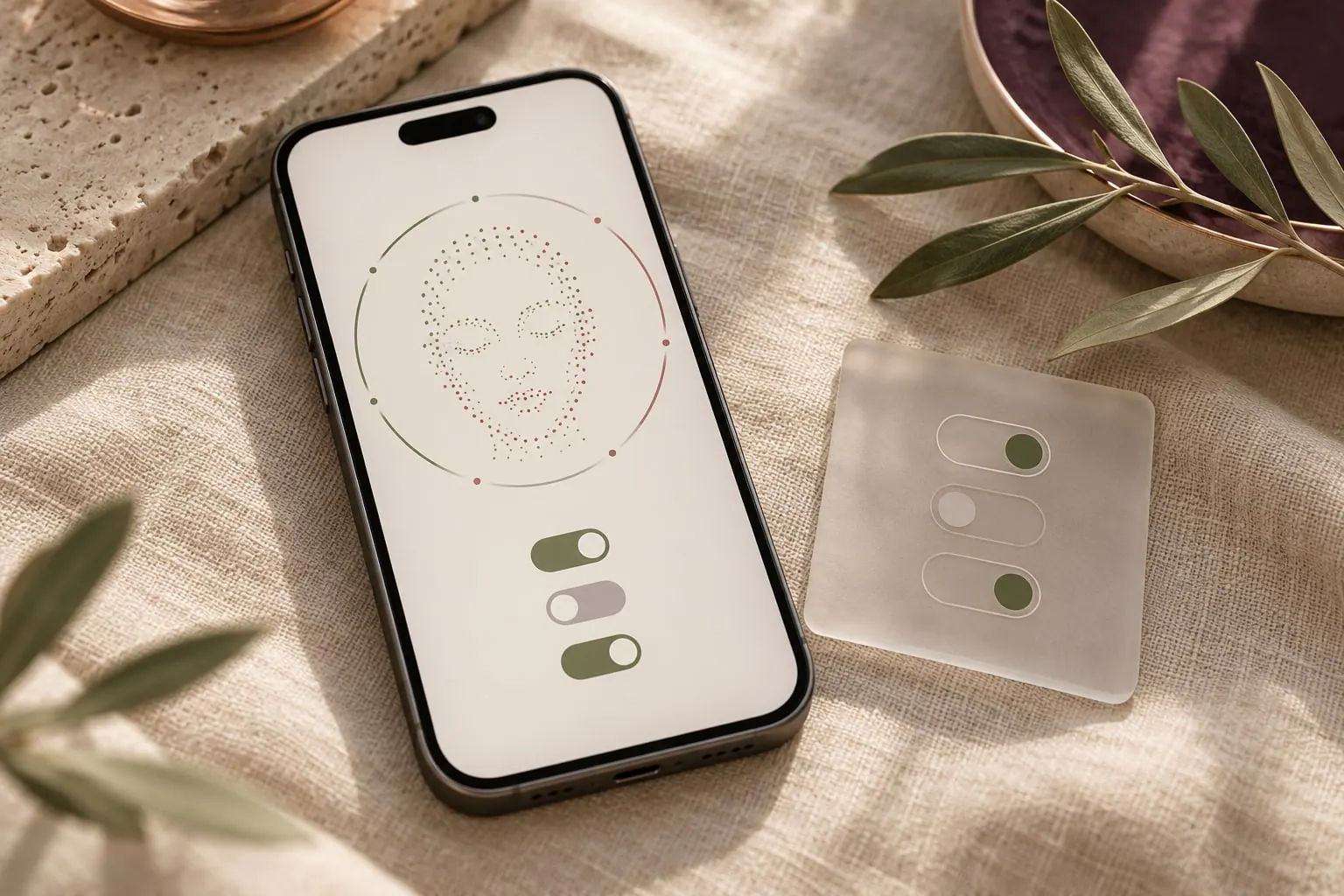 A phone showing an abstract dotted face scan above three on/off data toggles, beside a frosted card with the same toggles.