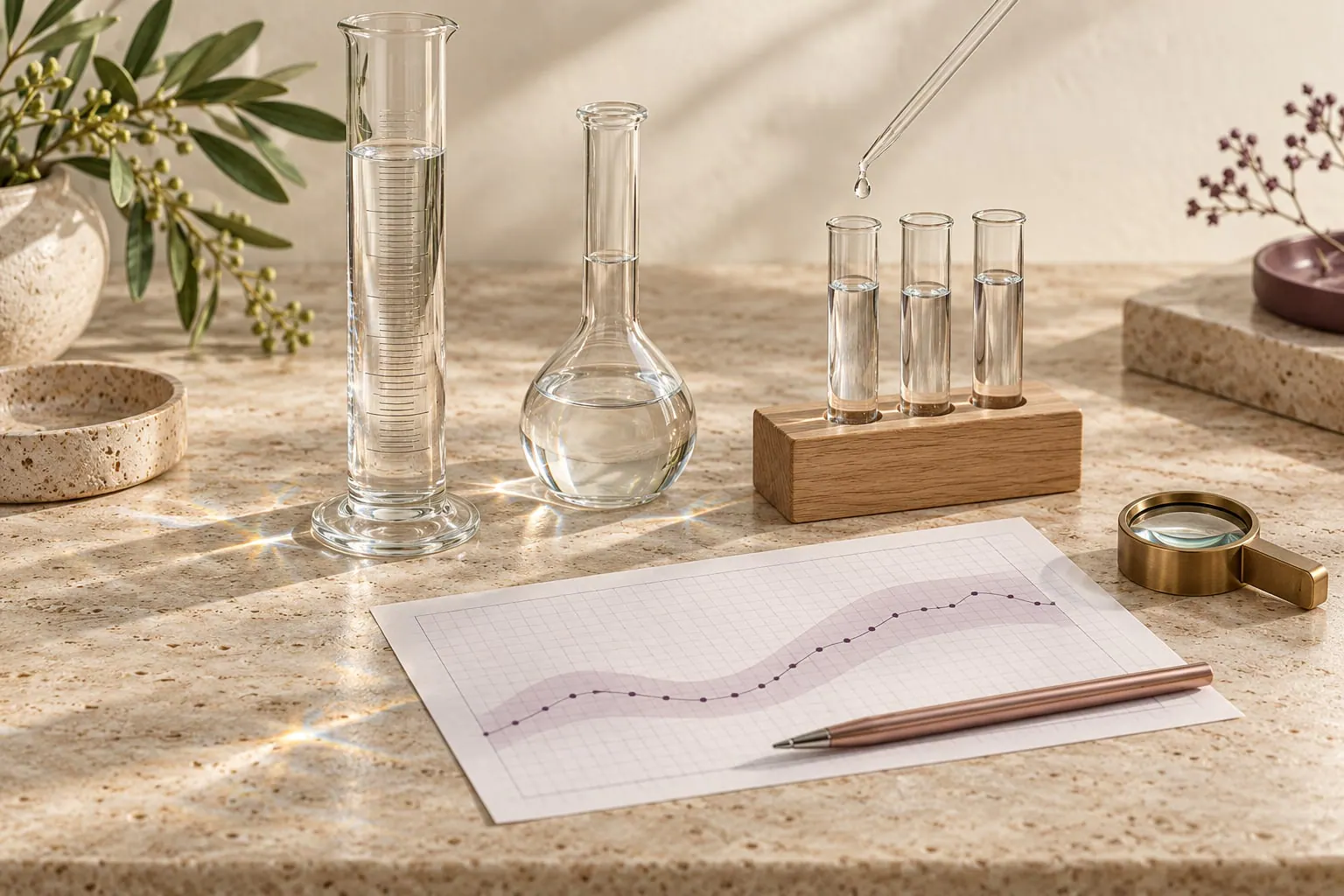 Laboratory glassware with measured water, sample vials, a plotted chart and a brass loupe on travertine.